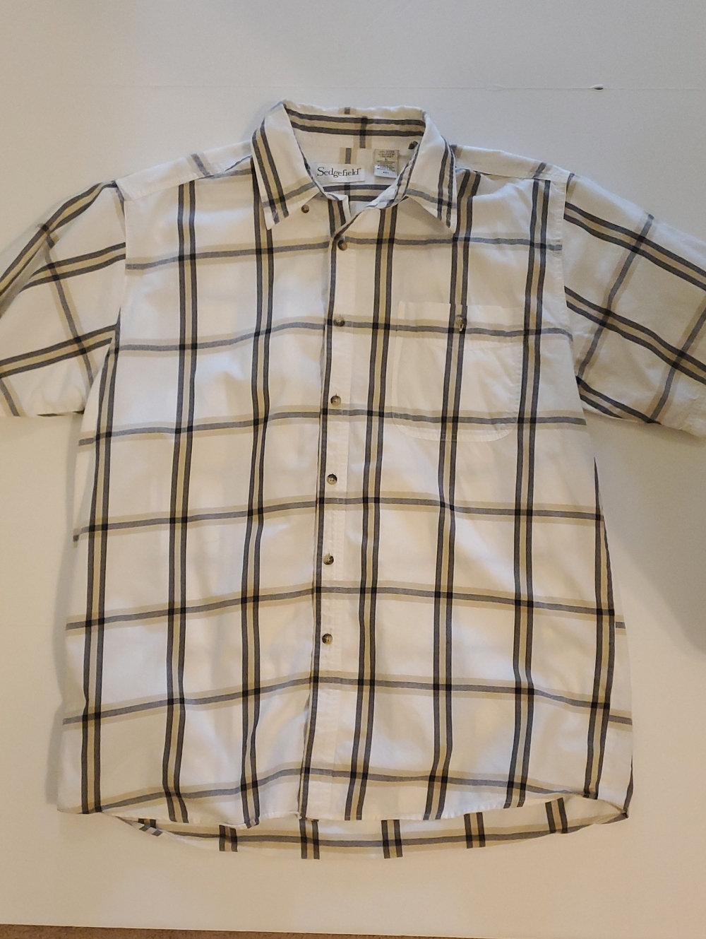 Sedgefield Men's Short Sleeve Button-Up Shirt - White with Black & Tan Plaid
